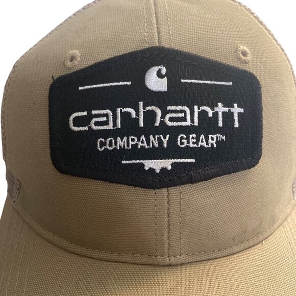 Carhartt Khaki Mesh Snapback Trucker Hat Logo Patch Cotton Blend Beige Black Cap - Picture 2 of 10